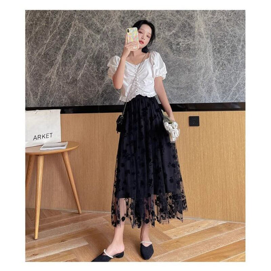 Mesh Skirt Women's Summer Cover Slim $28.90 Dana Fashion Color: Black Size: L Women's clothing Product information: Pattern: Flowers Fabric name: Mesh Color: Black, apricot, khaki, light blue Main fabric composition: Polyester (polyester fiber) Size: S,M,