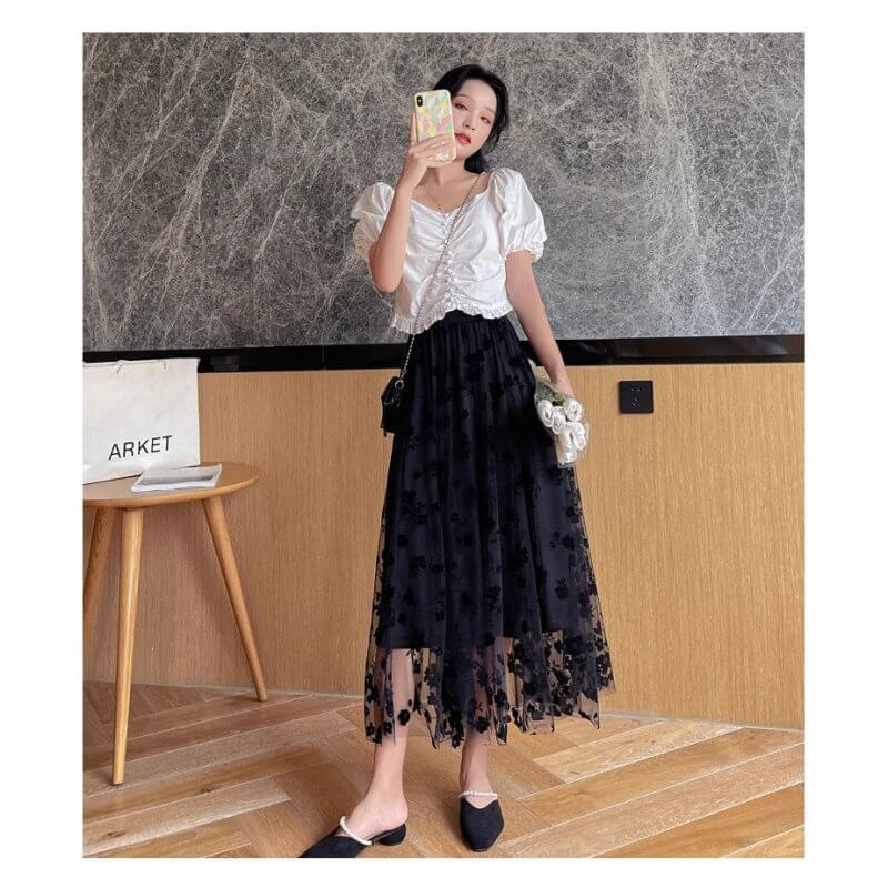 Mesh Skirt Women's Summer Cover Slim $28.90 Dana Fashion Color: Black Size: L Women's clothing Product information: Pattern: Flowers Fabric name: Mesh Color: Black, apricot, khaki, light blue Main fabric composition: Polyester (polyester fiber) Size: S,M,