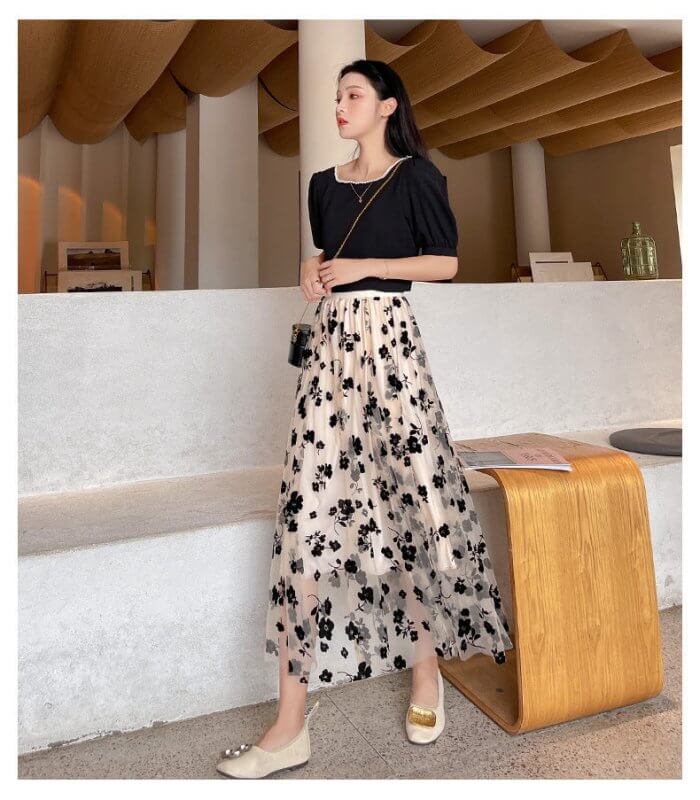 Mesh Skirt Women's Summer Cover Slim $28.90 Dana Fashion Color: Apricot Size: L Women's clothing Product information: Pattern: Flowers Fabric name: Mesh Color: Black, apricot, khaki, light blue Main fabric composition: Polyester (polyester fiber) Size: S,