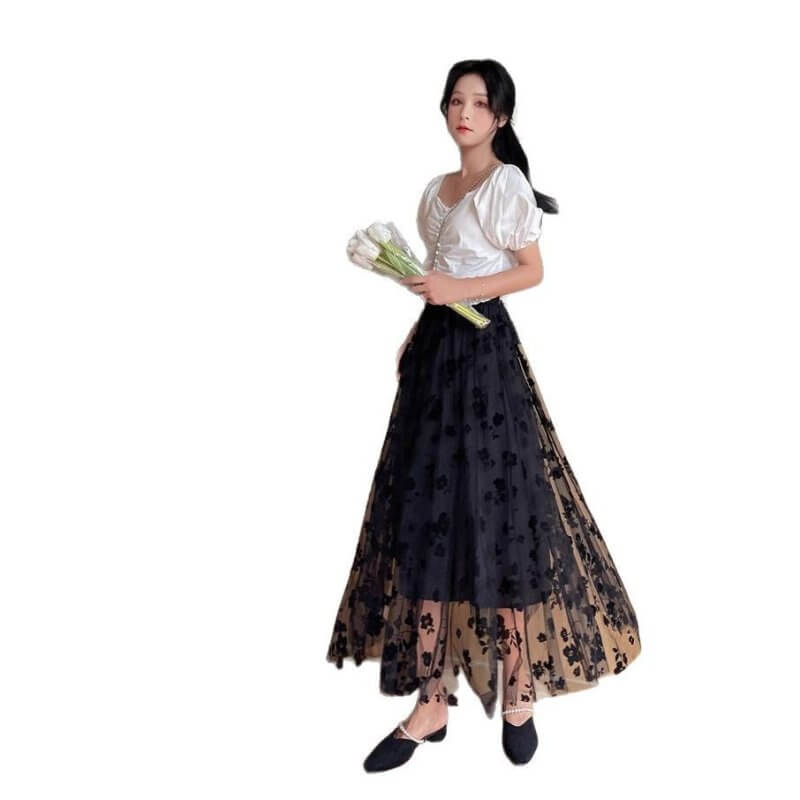 Mesh Skirt Women's Summer Cover Slim $28.90 Dana Fashion Color: Apricot Size: L Women's clothing Product information: Pattern: Flowers Fabric name: Mesh Color: Black, apricot, khaki, light blue Main fabric composition: Polyester (polyester fiber) Size: S,