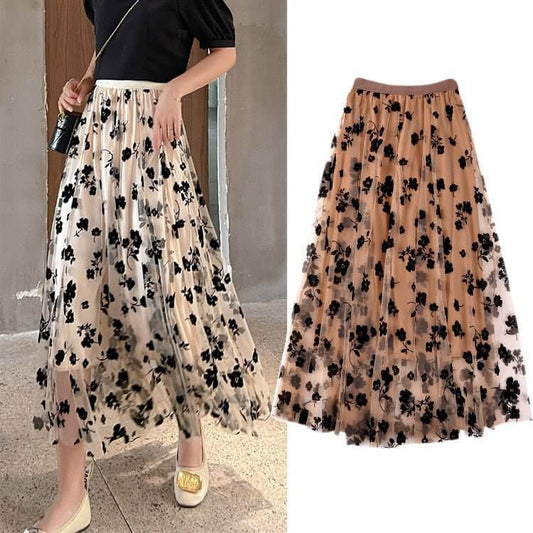Mesh Skirt Women's Summer Cover Slim $28.90 Dana Fashion Color: Apricot Size: L Women's clothing Product information: Pattern: Flowers Fabric name: Mesh Color: Black, apricot, khaki, light blue Main fabric composition: Polyester (polyester fiber) Size: S,