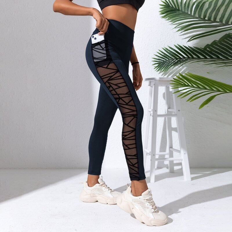 Mesh Stitching Yoga Clothes Hip-lift And Belly Shaping Trousers $44.50 Dana Fashion Color: Navy Blue size: L Women's clothing Product information: Applicable sports: Fitness running Fabric name: Chemical Fiber blending Applicable scenarios: running sports