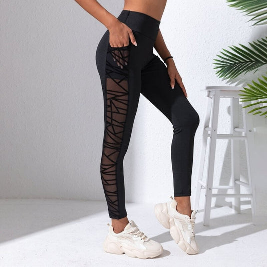 Mesh Stitching Yoga Clothes Hip-lift And Belly Shaping Trousers $44.50 Dana Fashion Color: Black size: L Women's clothing Product information: Applicable sports: Fitness running Fabric name: Chemical Fiber blending Applicable scenarios: running sports, fi