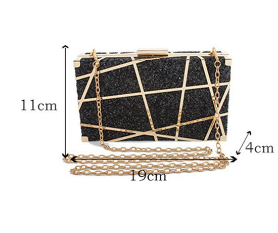 Metal Hollow Chain Hand Holding Glitter Small Square Bag Women $56.88 Dana Fashion Color: Black Women's Bags Product information: Product category: dinner bag material: metal Applicable scene: storage bag Fabric texture: synthetic leather Lining texture: