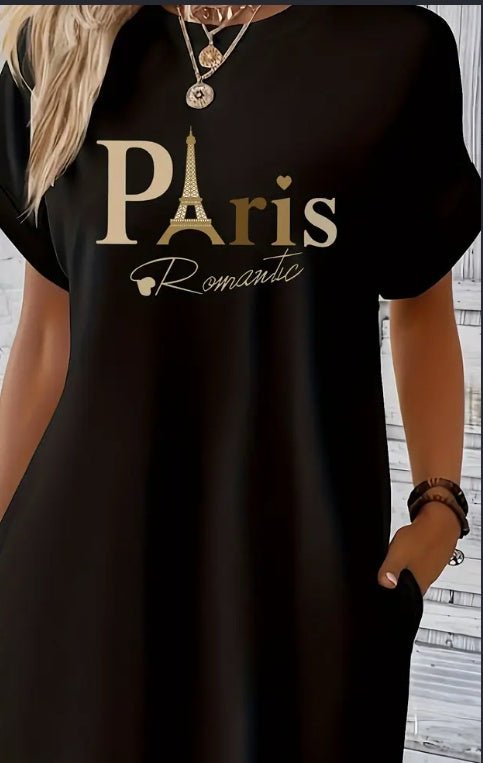 Midi Paris Print Crew Neck Tunic Dress - Geometric Pattern, Mid Elasticity, Semi-Sheer, Dual Pockets, Loose Fit, Machine Washable, Perfect For Spring, Summer, And Fall - Womens Casual Short Sleeve Pol $21.53 Dana Fashion Color: Apricot Size: L Women's clo