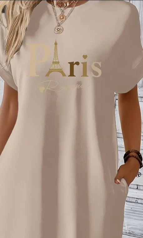Midi Paris Print Crew Neck Tunic Dress - Geometric Pattern, Mid Elasticity, Semi-Sheer, Dual Pockets, Loose Fit, Machine Washable, Perfect For Spring, Summer, And Fall - Womens Casual Short Sleeve Pol $21.53 Dana Fashion Color: Apricot Size: L Women's clo