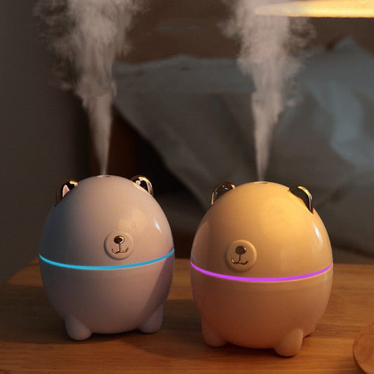 Mini bear humidifier spray aroma lamp $19.00 Dana Fashion Color: Blue Beauty Tools Product name: Bear Humidifier Applicable area: 10-20 square meters Rated power: 2W ± 0.5W Rated voltage: 5V/500mA Weight: 105g. Power supply mode: USB Fog output: 30-40ml/h