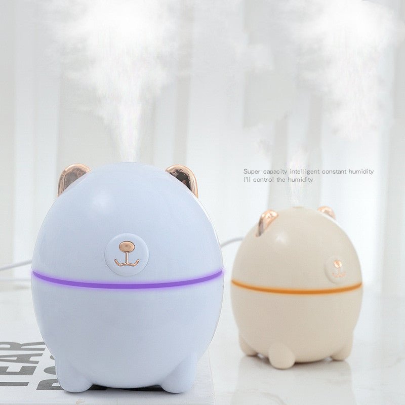 Mini bear humidifier spray aroma lamp $19.00 Dana Fashion Color: Blue Beauty Tools Product name: Bear Humidifier Applicable area: 10-20 square meters Rated power: 2W ± 0.5W Rated voltage: 5V/500mA Weight: 105g. Power supply mode: USB Fog output: 30-40ml/h