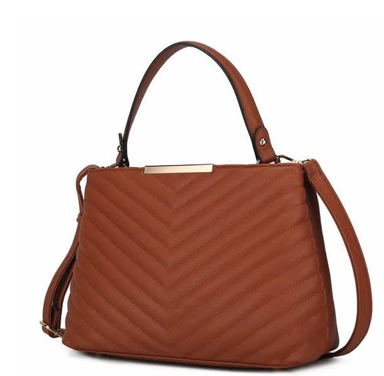 MKF Collection Dakota Satchel Handbag Vegan Leather Women By Mia K $189.00 Dana Fashion Color: Brown Women's Bags Highlights High-quality vegan leather Gold-tone hardware Interior details: Inside features one slip pocket and 1 wall zip pocket Exterior det