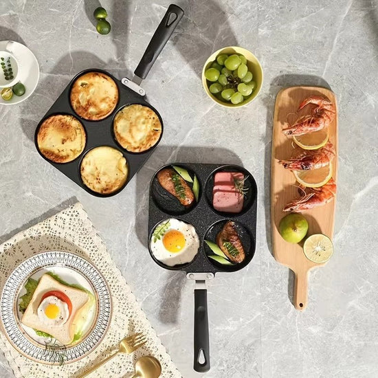 Multi Functional 4 Hole Frying Pan Non Stick Breakfast Burger Egg Pancake Maker Medical Stone Four Hole Omelet Pan $46.50 Dana Fashion Color: Four hole pot style: With brush Dana's Kitchen Overview: 1. Easy to Clean: The high-performance egg frying pan is