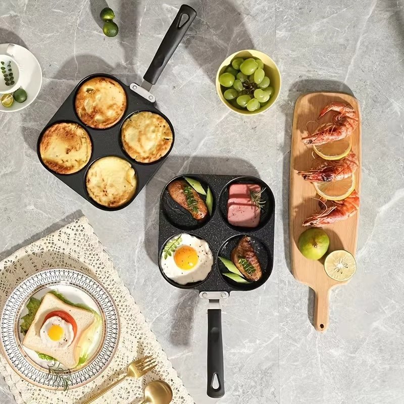 Multi Functional 4 Hole Frying Pan Non Stick Breakfast Burger Egg Pancake Maker Medical Stone Four Hole Omelet Pan $46.50 Dana Fashion Color: Four hole pot style: With brush Dana's Kitchen Overview: 1. Easy to Clean: The high-performance egg frying pan is