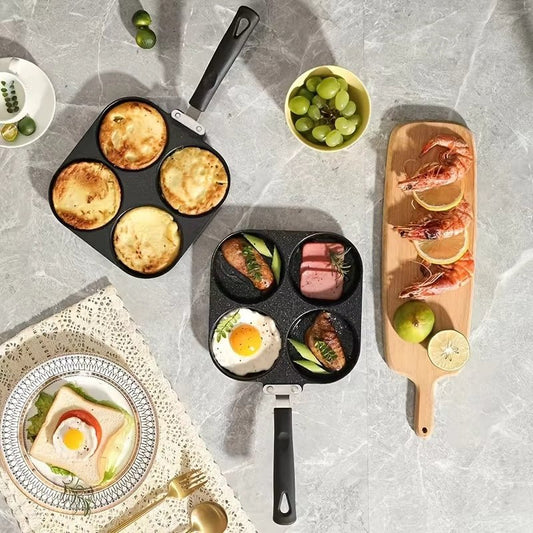 Multi Functional 4 Hole Frying Pan Non Stick Breakfast Burger Egg Pancake Maker Medical Stone Four Hole Omelet Pan $46.50 Dana Fashion Color: Four hole pot style: With brush Dana's Kitchen Overview: 1. Easy to Clean: The high-performance egg frying pan is