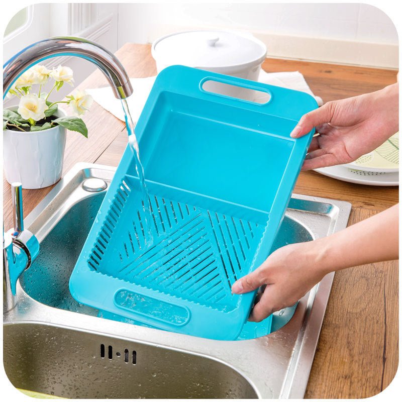 Multifunction Kitchen Chopping Blocks Sinks Drain Basket Cutting Board Vegetable Meat Tools Kitchen Accessories Chopping Board $29.50 Dana Fashion Color: Blue Dana's Kitchen Specifications: Size: about 36x23x4cm Material: PP + TPE handle design