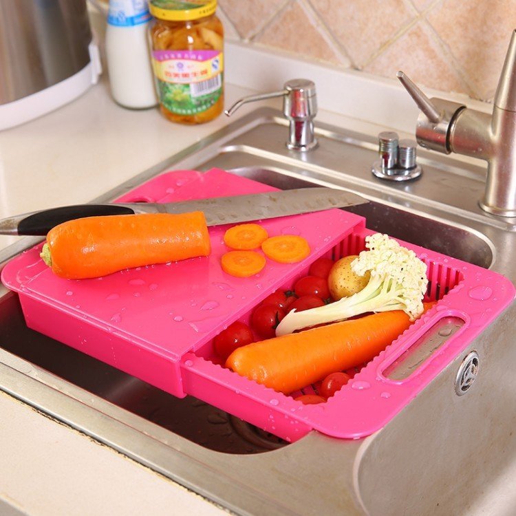 Multifunction Kitchen Chopping Blocks Sinks Drain Basket Cutting Board Vegetable Meat Tools Kitchen Accessories Chopping Board $29.50 Dana Fashion Color: Blue Dana's Kitchen Specifications: Size: about 36x23x4cm Material: PP + TPE handle design