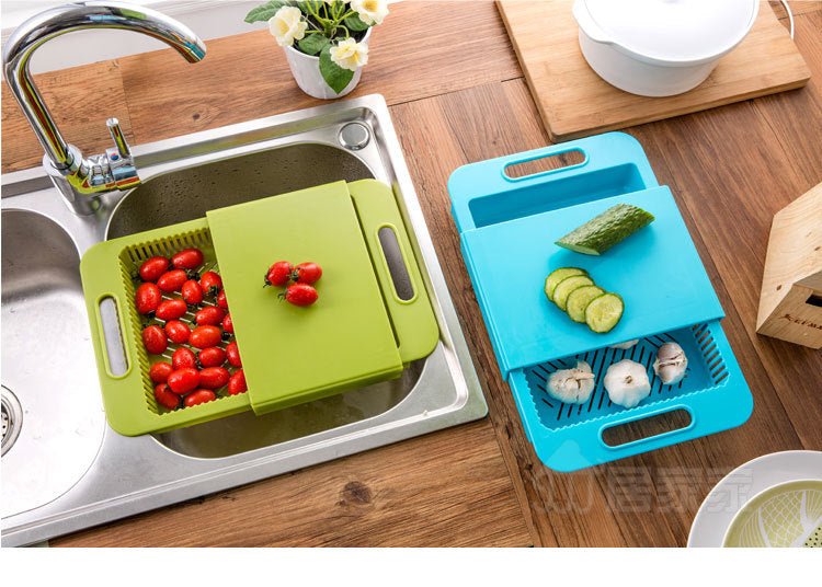 Multifunction Kitchen Chopping Blocks Sinks Drain Basket Cutting Board Vegetable Meat Tools Kitchen Accessories Chopping Board $29.50 Dana Fashion Color: Blue Dana's Kitchen Specifications: Size: about 36x23x4cm Material: PP + TPE handle design