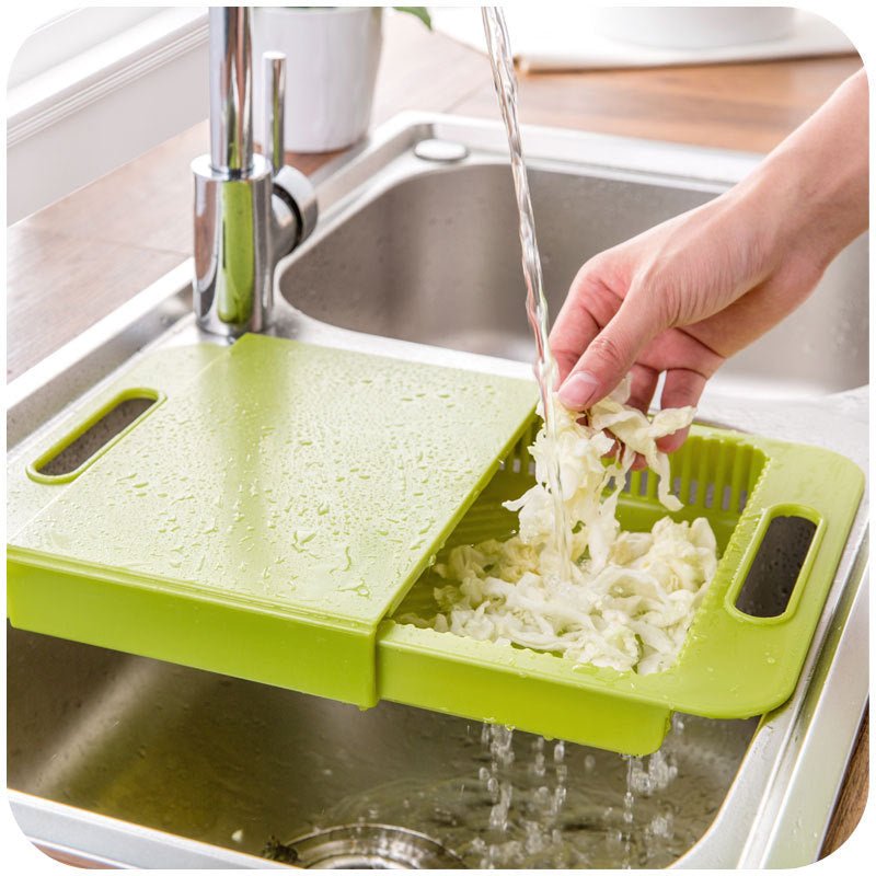 Multifunction Kitchen Chopping Blocks Sinks Drain Basket Cutting Board Vegetable Meat Tools Kitchen Accessories Chopping Board $29.50 Dana Fashion Color: Blue Dana's Kitchen Specifications: Size: about 36x23x4cm Material: PP + TPE handle design