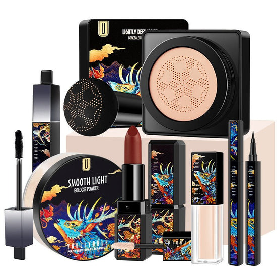 Mushroom Head Cushion Eyeliner Lipstick Makeup Seven-Piece Set $68.85 Dana Fashion Color: Black quantity: 7PCS makeup Product information: Contains: Deep moisturizing light concealer BB cream. Ivory Smooth and light setting powder. Ivory Deep and silky li