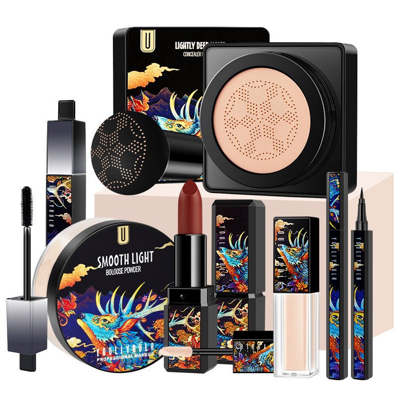 Mushroom Head Cushion Eyeliner Lipstick Makeup Seven-Piece Set $68.85 Dana Fashion Color: Black quantity: 7PCS makeup Product information: Contains: Deep moisturizing light concealer BB cream. Ivory Smooth and light setting powder. Ivory Deep and silky li