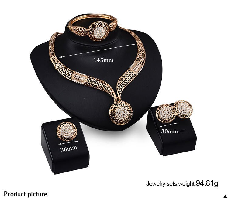 Necklace earrings ring jewelry four piece set $29.00 Dana Fashion Color: Gold Women's Accessories Process: Diamond Set combination: earrings + items + hand accessories Occasions for gifts: employee benefits, weddings, travel memorials Setting material: al