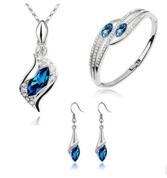 New Angel Elf Earrings Necklace Bracelet Three-piece Austria Crystal Alloy Jewelry Set Wholesale $22.00 Dana Fashion Color: Hole blue Women's Accessories Style: Europe and America Material: Alloy Process: crystal Set combination: earrings + accessories +