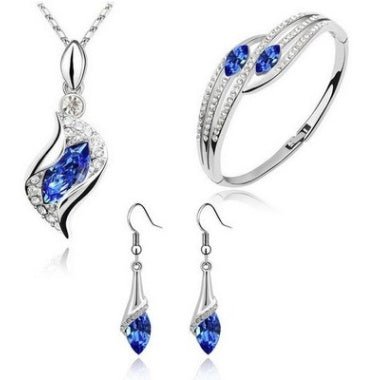 New Angel Elf Earrings Necklace Bracelet Three-piece Austria Crystal Alloy Jewelry Set Wholesale $22.00 Dana Fashion Color: Navy blue Women's Accessories Style: Europe and America Material: Alloy Process: crystal Set combination: earrings + accessories +