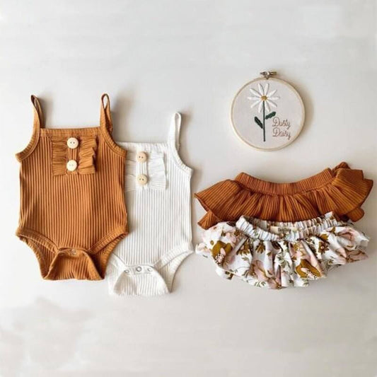 New Baby Clothing Wholesale Girls Summer Romper Skirt Set $20.00 Dana Fashion style: A Child size: 100cm Baby Clothing Product information: Suit type: Skirt suit Number of sets: Two sets Gift box content: Clothing Sleeve: Sleeveless Fabric technology: sof