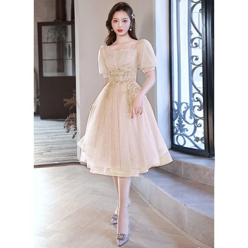 New Birthday Banquet Party Elegant Socialite Host Fairy Slim Evening Dress For Women $94.50 Dana Fashion Color: Light Champagne Color Short Size: L Women's clothing Product information: Fabric name: Polyester Fiber Color: Lotus Pink long, light champagne