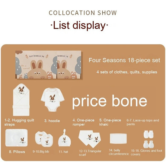 New Born Baby Baby Pure Cotton Clothes Gift Set Full Moon Meeting Gift $61.62 Dana Fashion Color: Four Seasons 21 Pieces Suitable For Height: 59cm Baby Clothing Product information: Pattern: animal, solid color, cartoon Gift Box content: clothing accessor