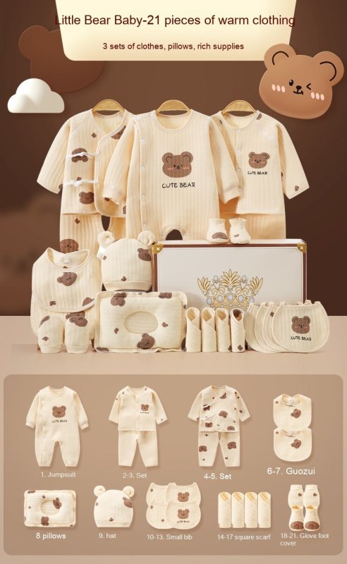 New Born Baby Baby Pure Cotton Clothes Gift Set Full Moon Meeting Gift $64.49 Dana Fashion Color: Warm 21 Pieces Suitable For Height: 59cm Baby Clothing Product information: Pattern: animal, solid color, cartoon Gift Box content: clothing accessories/supp