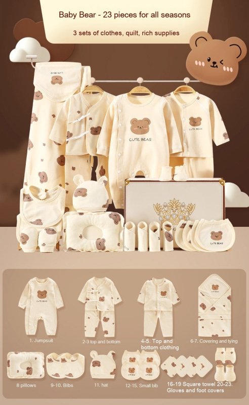 New Born Baby Baby Pure Cotton Clothes Gift Set Full Moon Meeting Gift $67.49 Dana Fashion Color: Four Seasons 23 Pieces Suitable For Height: 59cm Baby Clothing Product information: Pattern: animal, solid color, cartoon Gift Box content: clothing accessor