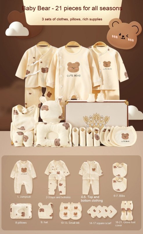 New Born Baby Baby Pure Cotton Clothes Gift Set Full Moon Meeting Gift $61.62 Dana Fashion Color: Four Seasons 21 Pieces Suitable For Height: 59cm Baby Clothing Product information: Pattern: animal, solid color, cartoon Gift Box content: clothing accessor