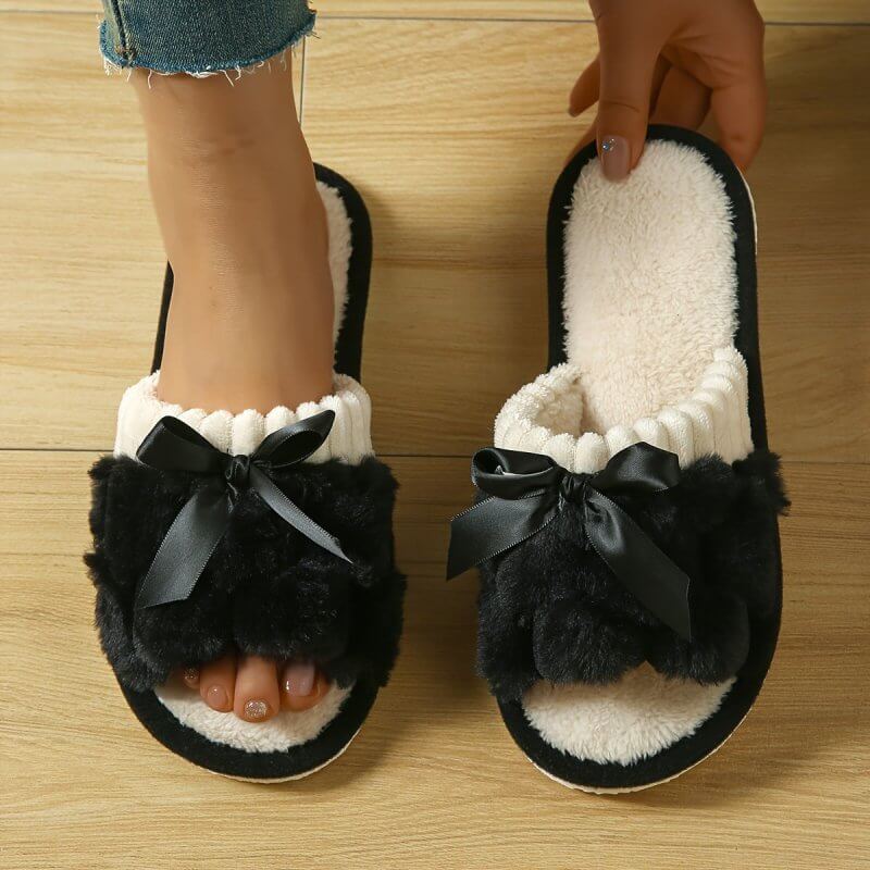 New Bow Plush Slippers Indoor $25.90 Dana Fashion Color: Black Bow Size: 36to37 Women's shoes Product information: Pattern: Other Lining material: as shown in the figure Color: white bow, pink bow, gray bow, white, gray, pink, black bow, Black Heel height