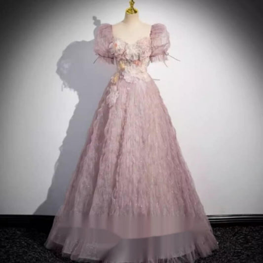 New Bride Engagement Banquet Evening Dress Women's High-end Feel $549.50 Dana Fashion Color: Pink Size: L Women's clothing Product information: Style: Sweet Color classification: Pink Dress Style: Falling to the Ground Sleeve length: short sleeved Dress l