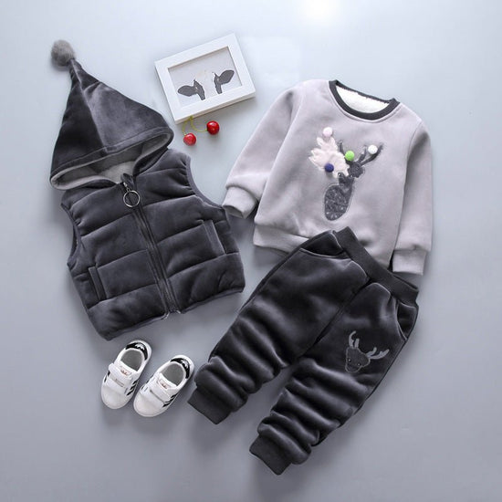 New Children's Clothing Winter Clothes For Boys Baby Thickening Three-piece Set $35.50 Dana Fashion Color: Cat Gray Suitable Height: 100cm Baby Clothing Product information: Pants length: pants Gift Box content: Clothing Suitable height: 80cm, 90cm, 100cm