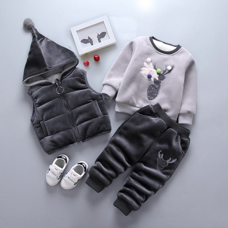 New Children's Clothing Winter Clothes For Boys Baby Thickening Three-piece Set $35.50 Dana Fashion Color: Cat Gray Suitable Height: 100cm Baby Clothing Product information: Pants length: pants Gift Box content: Clothing Suitable height: 80cm, 90cm, 100cm