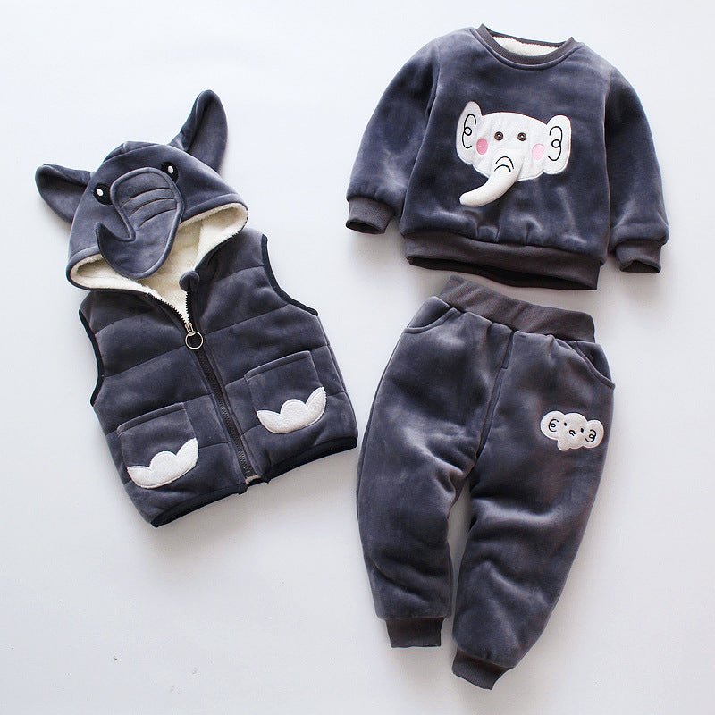 New Children's Clothing Winter Clothes For Boys Baby Thickening Three-piece Set $35.50 Dana Fashion Color: Velvet Thickened Elephant Gray Suitable Height: 100cm Baby Clothing Product information: Pants length: pants Gift Box content: Clothing Suitable hei