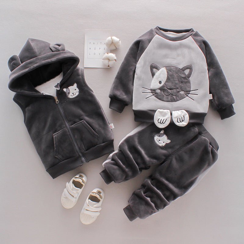New Children's Clothing Winter Clothes For Boys Baby Thickening Three-piece Set $35.50 Dana Fashion Color: Cat Gray Suitable Height: 100cm Baby Clothing Product information: Pants length: pants Gift Box content: Clothing Suitable height: 80cm, 90cm, 100cm