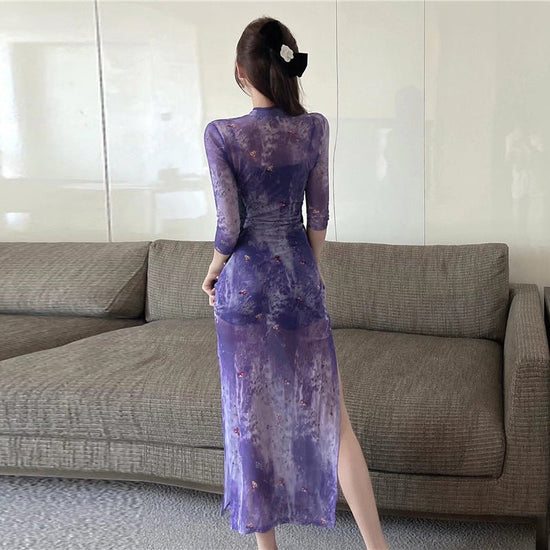 New Chinese Printing Hollow Improved Cheongsam Dress $45.66 Dana Fashion Color: Violet Dress Size: L Women's clothing Product information: Color: violet dress, suspenders safety pants, skirt inner wear Sleeve type: regular sleeve Elastic force: medium ela