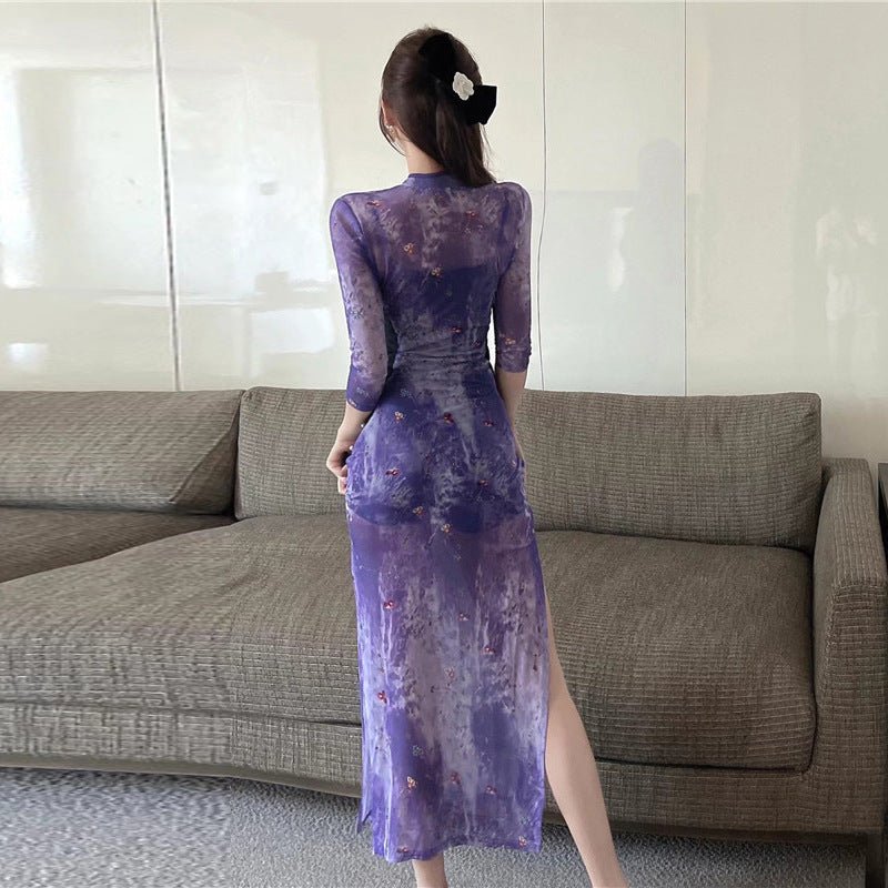New Chinese Printing Hollow Improved Cheongsam Dress $45.66 Dana Fashion Color: Violet Dress Size: L Women's clothing Product information: Color: violet dress, suspenders safety pants, skirt inner wear Sleeve type: regular sleeve Elastic force: medium ela