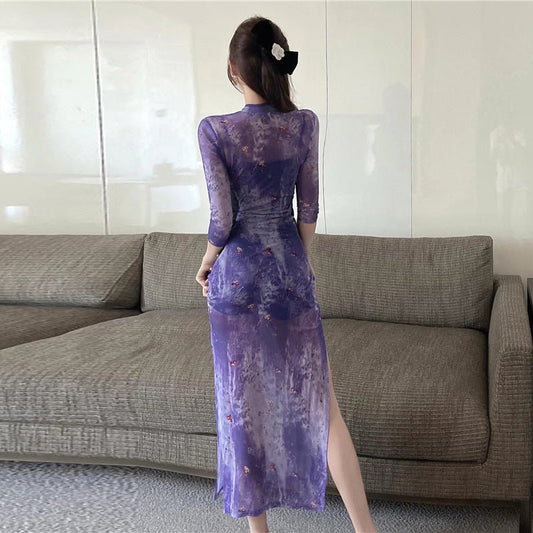 New Chinese Printing Hollow Improved Cheongsam Dress $45.66 Dana Fashion Color: Violet Dress Size: L Women's clothing Product information: Color: violet dress, suspenders safety pants, skirt inner wear Sleeve type: regular sleeve Elastic force: medium ela