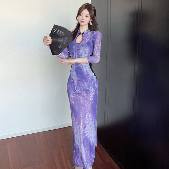 New Chinese Printing Hollow Improved Cheongsam Dress $45.66 Dana Fashion Color: Violet Dress Size: L Women's clothing Product information: Color: violet dress, suspenders safety pants, skirt inner wear Sleeve type: regular sleeve Elastic force: medium ela