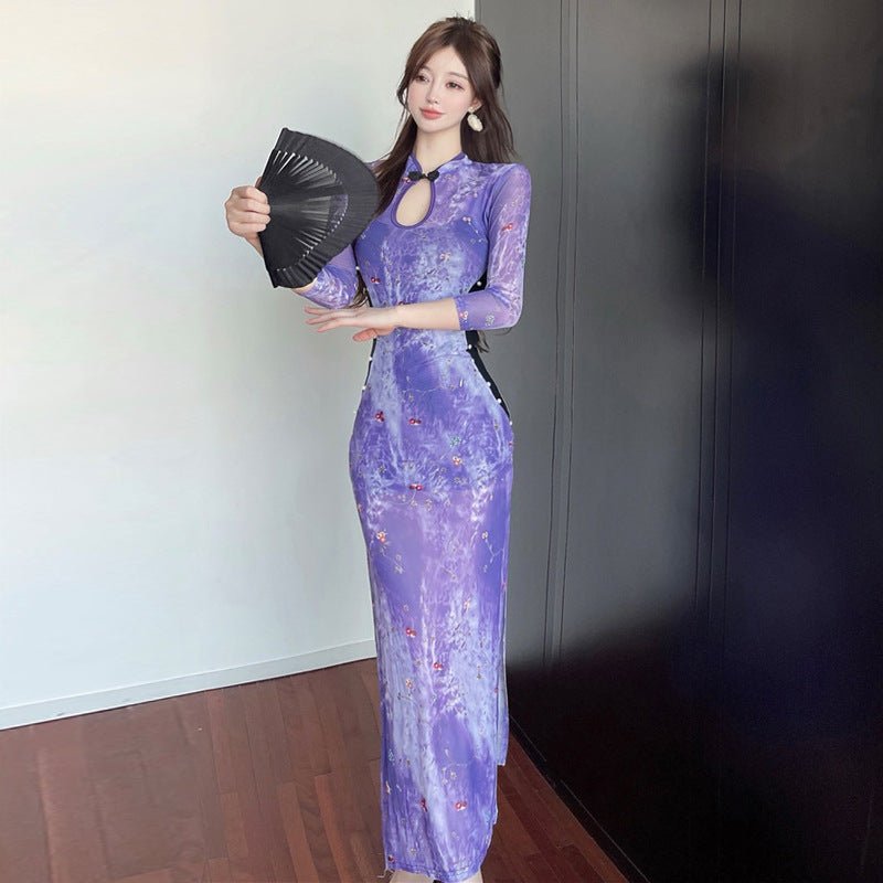 New Chinese Printing Hollow Improved Cheongsam Dress $45.66 Dana Fashion Color: Violet Dress Size: L Women's clothing Product information: Color: violet dress, suspenders safety pants, skirt inner wear Sleeve type: regular sleeve Elastic force: medium ela
