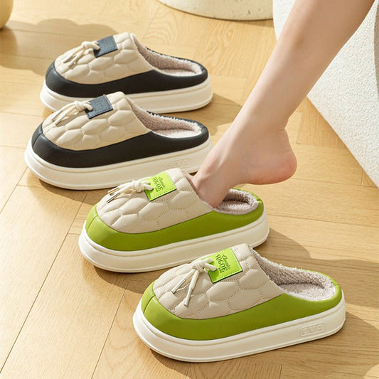 New Colorblock Plush Slippers Winter Warm Fleece Shoes House Indoor Waterproof Thick-soled Home Slipper For Women Men Couple $35.28 Dana Fashion Color: Black Size: 40to41 Women's shoes Product information: Sole material :pvc Applicable gender: Neutral/mal