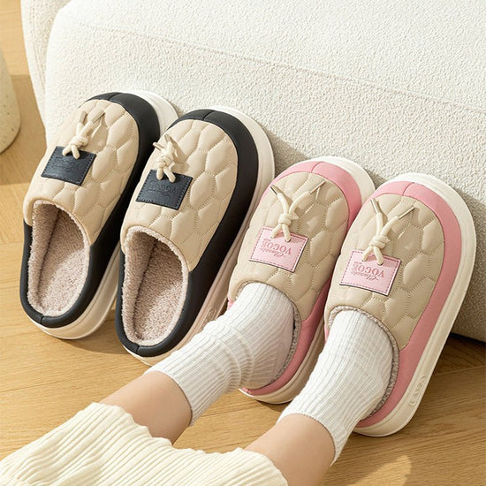 New Colorblock Plush Slippers Winter Warm Fleece Shoes House Indoor Waterproof Thick-soled Home Slipper For Women Men Couple $35.28 Dana Fashion Color: Black Size: 40to41 Women's shoes Product information: Sole material :pvc Applicable gender: Neutral/mal