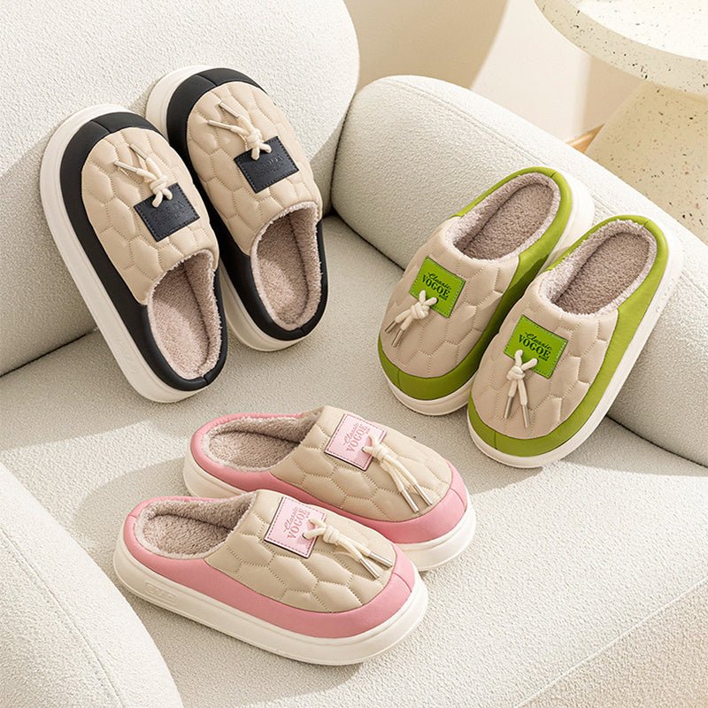 New Colorblock Plush Slippers Winter Warm Fleece Shoes House Indoor Waterproof Thick-soled Home Slipper For Women Men Couple $35.28 Dana Fashion Color: Black Size: 40to41 Women's shoes Product information: Sole material :pvc Applicable gender: Neutral/mal