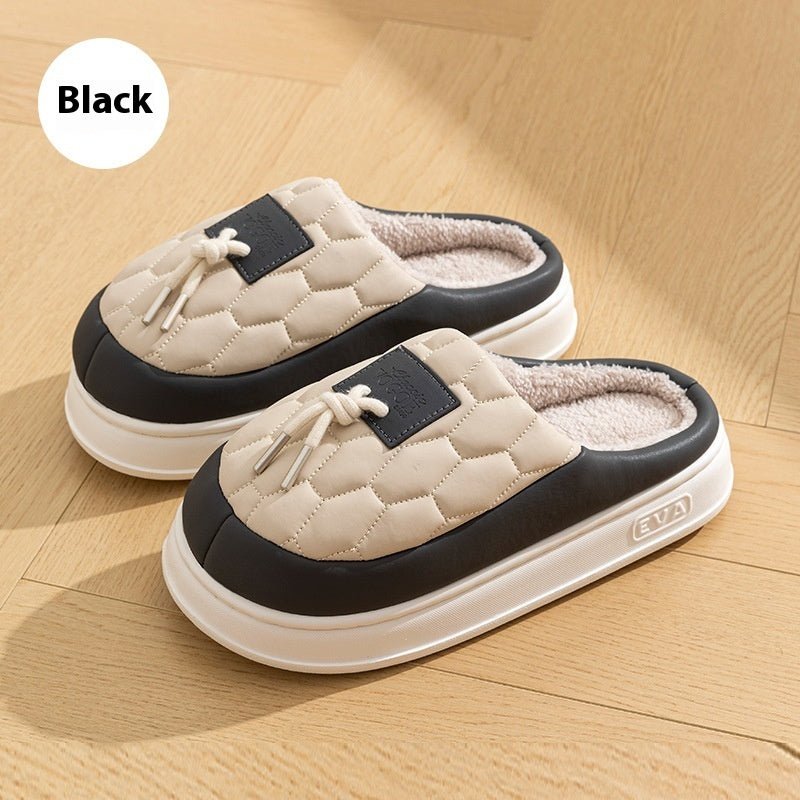 New Colorblock Plush Slippers Winter Warm Fleece Shoes House Indoor Waterproof Thick-soled Home Slipper For Women Men Couple $35.28 Dana Fashion Color: Black Size: 40to41 Women's shoes Product information: Sole material :pvc Applicable gender: Neutral/mal