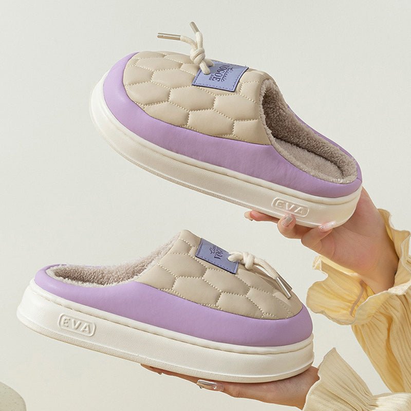 New Colorblock Plush Slippers Winter Warm Fleece Shoes House Indoor Waterproof Thick-soled Home Slipper For Women Men Couple $35.28 Dana Fashion Color: Black Size: 40to41 Women's shoes Product information: Sole material :pvc Applicable gender: Neutral/mal