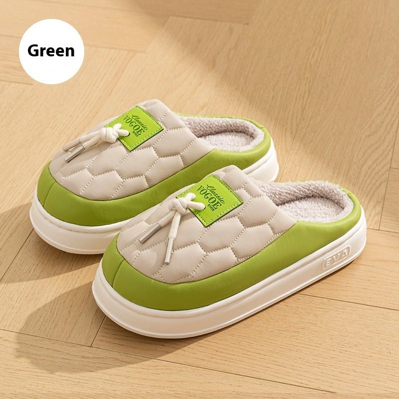 New Colorblock Plush Slippers Winter Warm Fleece Shoes House Indoor Waterproof Thick-soled Home Slipper For Women Men Couple $34.93 Dana Fashion Color: Green Size: 36to37 Women's shoes Product information: Sole material :pvc Applicable gender: Neutral/mal
