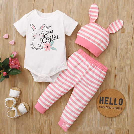 New Easter Print Rabbit Romper Three Piece 2 Colors $21.00 Dana Fashion Color: Light Blue Child size: 100cm Baby Clothing Product information: Style: sweet Suit type: pants suit Number of sets: three sets Suitable age group: infants (1~3 years old, 80~100