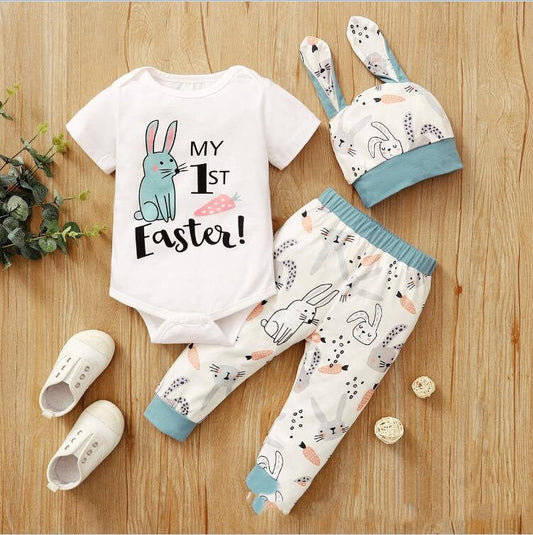New Easter Print Rabbit Romper Three Piece 2 Colors $21.00 Dana Fashion Color: Light Blue Child size: 100cm Baby Clothing Product information: Style: sweet Suit type: pants suit Number of sets: three sets Suitable age group: infants (1~3 years old, 80~100